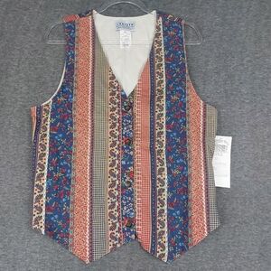 JANTZEN CLASSICS WOMENS VTG TAN BLUE RED BUTTON FRONT EMBROIDERED VEST SZ M NWT